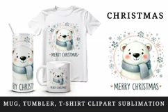 Watercolor cute polar bear in scarf Merry Christmas quote New Year winter print tumbler skinny mug wrap clipart t-shirt sublimation printable design
