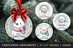 Watercolor cute polar bear in scarf snowflakes quote Merry Christmas quote Christmas New Year winter print round ornament ornaments sublimation design