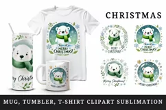 Watercolor cute polar bear Merry Christmas quote New Year winter print 20 oz tumbler skinny mug wrap clipart t-shirt sublimation printable design png