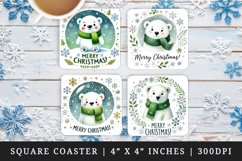 Watercolor cute polar bear with green scarf snowflakes Merry Christmas quote New Year winter print square coaster mug coasters sublimation design