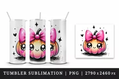 Watercolor cute pumpkin character smile neon pink bow Halloween print 20 oz tumbler skinny mug wrap clipart t-shirt sublimation printable design
