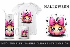 Watercolor cute pumpkin character smile neon pink bow Halloween print 20 oz tumbler skinny mug wrap clipart t-shirt sublimation printable design