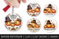 Watercolor cute pumpkin family pilgrim hat Thankful Hearts quote Thanksgiving autumn fall print round keychain keychains sublimation design