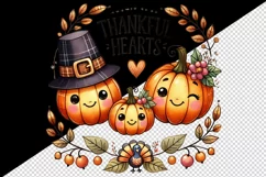 Watercolor cute pumpkin family Thankful Hearts quote Thanksgiving print 20 oz tumbler skinny mug wrap clipart t-shirt sublimation printable design