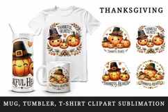 Watercolor cute pumpkin family Thankful Hearts quote Thanksgiving print 20 oz tumbler skinny mug wrap clipart t-shirt sublimation printable design