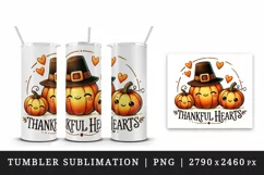 Watercolor cute pumpkin family Thankful Hearts quote Thanksgiving print 20 oz tumbler skinny mug wrap clipart t-shirt sublimation printable design