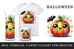 Watercolor cute pumpkin glowing neon green smile bat sparkles Halloween print tumbler skinny mug wrap clipart t-shirt sublimation printable design