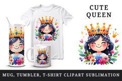 Watercolor cute queen colorful crown holding bouquet of bright flowers print 20oz tumbler skinny mug wrap clipart t-shirt sublimation printable design