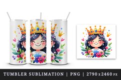 Watercolor cute queen colorful crown holding bouquet of bright flowers print 20oz tumbler skinny mug wrap clipart t-shirt sublimation printable design