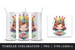 Watercolor cute queen colorful crown holding bouquet of bright flowers print 20oz tumbler skinny mug wrap clipart t-shirt sublimation printable design