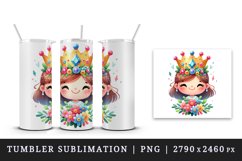 Watercolor cute queen colorful crown holding bouquet of bright flowers print 20oz tumbler skinny mug wrap clipart t-shirt sublimation printable design