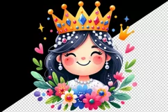 Watercolor cute queen colorful crown holding bouquet of bright flowers print 20oz tumbler skinny mug wrap clipart t-shirt sublimation printable design