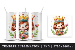 Watercolor cute queen colorful crown holding bouquet of flowers print 20 oz tumbler skinny mug wrap clipart t-shirt sublimation printable design