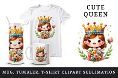 Watercolor cute queen colorful crown holding bouquet of flowers print 20 oz tumbler skinny mug wrap clipart t-shirt sublimation printable design