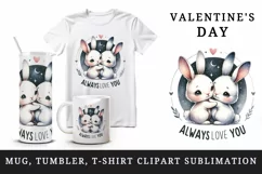 Watercolor cute rabbits hugging Always Love You hearts Valentine Day print 20 oz tumbler skinny mug wrap clipart t-shirt sublimation printable design