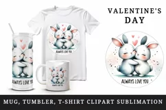 Watercolor cute rabbits hugging heart Always Love you quote Valentine Day print tumbler skinny mug wrap clipart t-shirt sublimation printable design