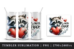 Watercolor cute raccoon heart With Love Valentine Day quote print 20 oz tumbler skinny mug wrap clipart t-shirt sublimation printable design