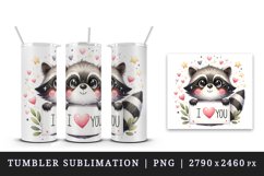 Watercolor cute raccoon sparkle hearts I Love You quote Valentine Day print 20 oz tumbler skinny mug wrap clipart t-shirt sublimation printable design