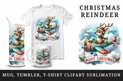 Watercolor cute reindeer airplane pilot clouds Merry Christmas quote print 20 oz tumbler skinny mug wrap clipart t-shirt sublimation printable design
