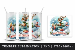 Watercolor cute reindeer airplane pilot clouds Merry Christmas quote print 20 oz tumbler skinny mug wrap clipart t-shirt sublimation printable design