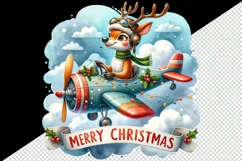 Watercolor cute reindeer airplane pilot clouds Merry Christmas quote print 20 oz tumbler skinny mug wrap clipart t-shirt sublimation printable design