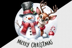Watercolor cute reindeer and snowman Merry Christmas quote print 20 oz tumbler skinny mug wrap clipart t-shirt sublimation printable design