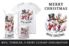 Watercolor cute reindeer and snowman Merry Christmas quote print 20 oz tumbler skinny mug wrap clipart t-shirt sublimation printable design