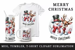 Watercolor cute reindeer and snowman Merry Christmas quote print 20 oz tumbler skinny mug wrap clipart t-shirt sublimation printable design