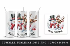 Watercolor cute reindeer and snowman Merry Christmas quote print 20 oz tumbler skinny mug wrap clipart t-shirt sublimation printable design