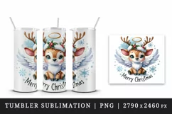 Watercolor cute reindeer angel smile snowflakes Merry Christmas quote print 20 oz tumbler skinny mug wrap clipart t-shirt sublimation printable design