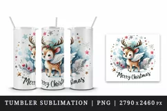 Watercolor cute reindeer angel smile snowflakes Merry Christmas quote print 20 oz tumbler skinny mug wrap clipart t-shirt sublimation printable design
