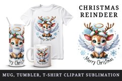 Watercolor cute reindeer angel smile snowflakes Merry Christmas quote print 20 oz tumbler skinny mug wrap clipart t-shirt sublimation printable design