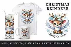 Watercolor cute reindeer angel smile snowflakes Merry Christmas quote print 20 oz tumbler skinny mug wrap clipart t-shirt sublimation printable design