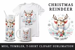 Watercolor cute reindeer angel smile snowflakes Merry Christmas quote print 20 oz tumbler skinny mug wrap clipart t-shirt sublimation printable design