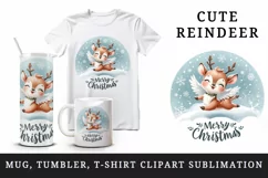 Watercolor cute reindeer angel smile snowflakes Merry Christmas quote print 20 oz tumbler skinny mug wrap clipart t-shirt sublimation printable design