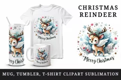 Watercolor cute reindeer angel smile snowflakes Merry Christmas quote print 20 oz tumbler skinny mug wrap clipart t-shirt sublimation printable design
