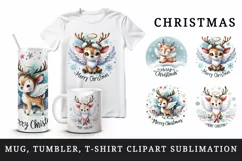 Watercolor cute reindeer angel wings Merry Christmas quote New Year winter print tumbler skinny mug wrap clipart t-shirt sublimation printable design