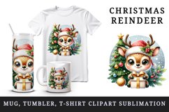 Watercolor cute reindeer big sparkling eyes Christmas tree gift box print 20 oz tumbler skinny mug wrap clipart t-shirt sublimation printable design