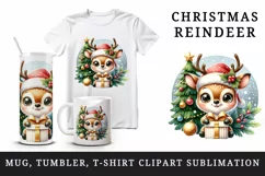 Watercolor cute reindeer big sparkling eyes Christmas tree gift box print 20 oz tumbler skinny mug wrap clipart t-shirt sublimation printable design