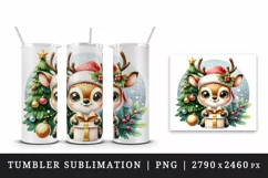 Watercolor cute reindeer big sparkling eyes Christmas tree gift box print 20 oz tumbler skinny mug wrap clipart t-shirt sublimation printable design