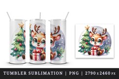 Watercolor cute reindeer big sparkling eyes Christmas tree gift box print 20 oz tumbler skinny mug wrap clipart t-shirt sublimation printable design