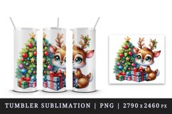 Watercolor cute reindeer big sparkling eyes Christmas tree gift box print 20 oz tumbler skinny mug wrap clipart t-shirt sublimation printable design