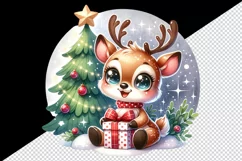 Watercolor cute reindeer big sparkling eyes Christmas tree gift box print 20 oz tumbler skinny mug wrap clipart t-shirt sublimation printable design