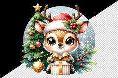 Watercolor cute reindeer big sparkling eyes Christmas tree gift box print 20 oz tumbler skinny mug wrap clipart t-shirt sublimation printable design