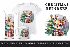 Watercolor cute reindeer big sparkling eyes Christmas tree gift box print 20 oz tumbler skinny mug wrap clipart t-shirt sublimation printable design