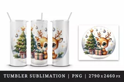 Watercolor cute reindeer big sparkling eyes Christmas tree gift box print 20 oz tumbler skinny mug wrap clipart t-shirt sublimation printable design