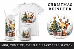 Watercolor cute reindeer big sparkling eyes Christmas tree gift box print 20 oz tumbler skinny mug wrap clipart t-shirt sublimation printable design