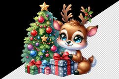 Watercolor cute reindeer big sparkling eyes Christmas tree gift box print 20 oz tumbler skinny mug wrap clipart t-shirt sublimation printable design