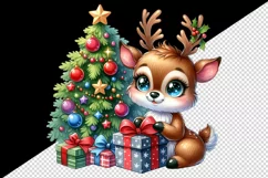 Watercolor cute reindeer big sparkling eyes Christmas tree gift box print 20 oz tumbler skinny mug wrap clipart t-shirt sublimation printable design