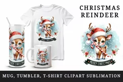 Watercolor cute reindeer candy cane snowflakes Merry Christmas quote print 20 oz tumbler skinny mug wrap clipart t-shirt sublimation printable design